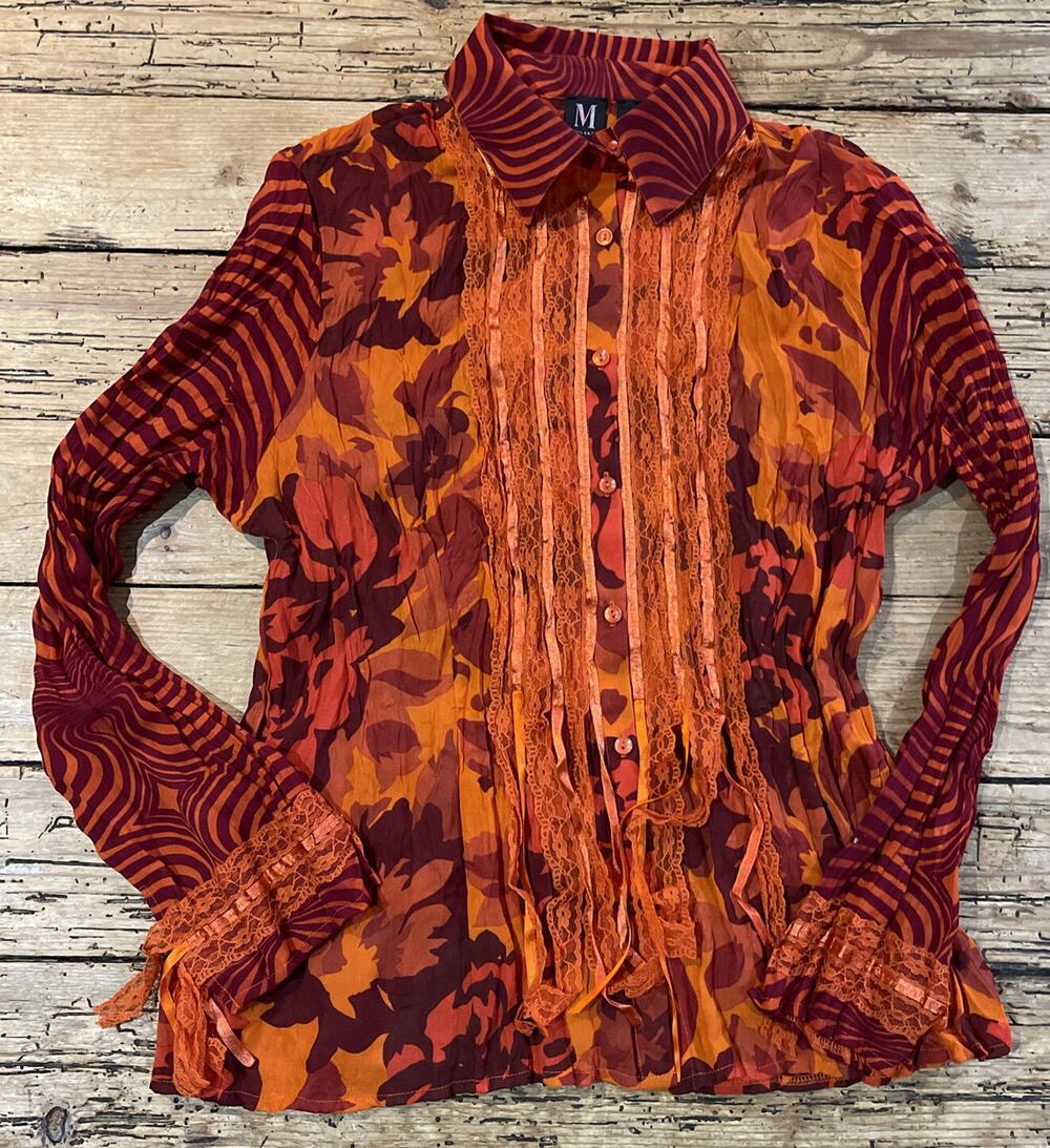 milano orange Floral Print crepe and lace button up long sleeve womens blouse